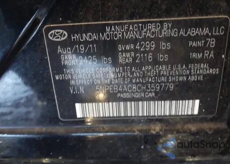 2012 Hyundai Sonata Gls z USA, uszkodzony, nr VIN 5NPEB4AC8CH359779